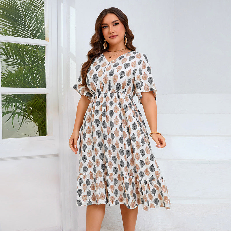 Damen Midi-Kleid mit elegantem V-Ausschnitt und floralem Design EB