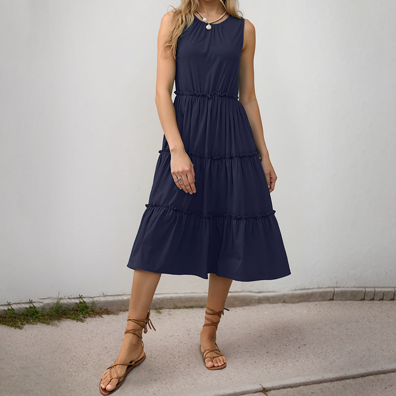 Damen Maxi-Kleid mit Rüschendetails und elastischem Taillenbund EB