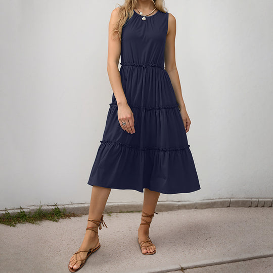 Damen Maxi-Kleid mit Rüschendetails und elastischem Taillenbund EB