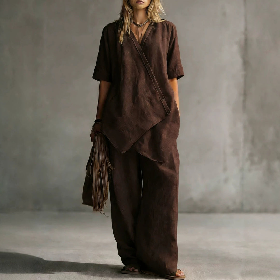 Damen Leinen-Zweiteiler mit asymmetrischer Knopfleiste und weiter Palazzo-Hose EB