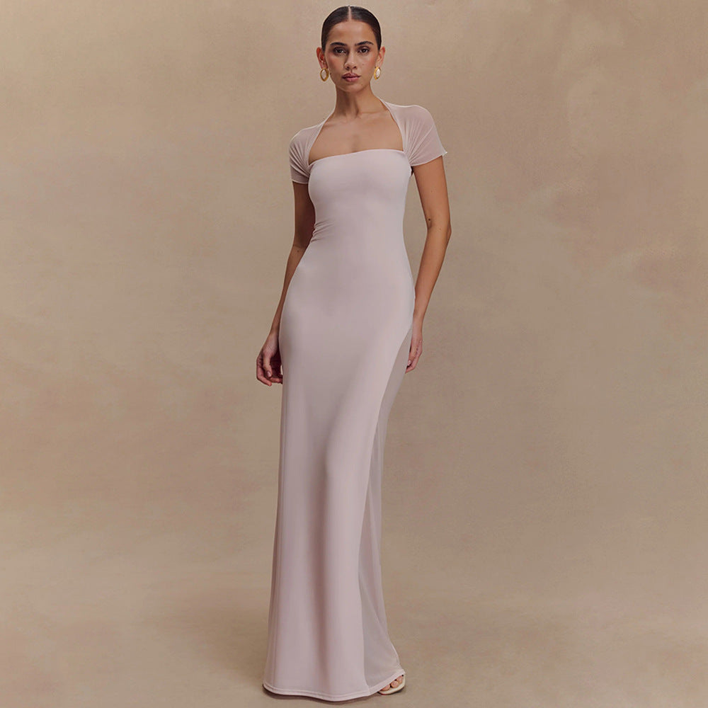 Damen elegantes Maxikleid mit schulterfreier Raffungen EB