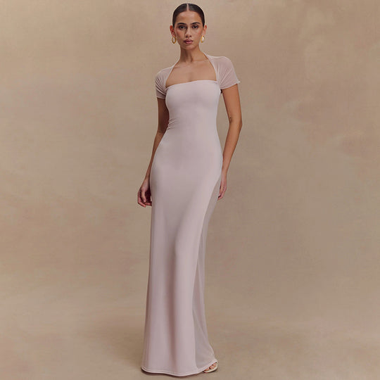 Damen elegantes Maxikleid mit schulterfreier Raffungen EB