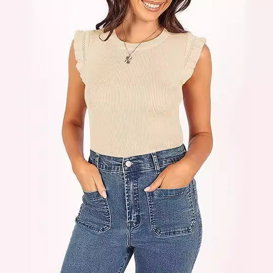 Damen figurbetontes Ripp-Shirt mit Rüschen EB