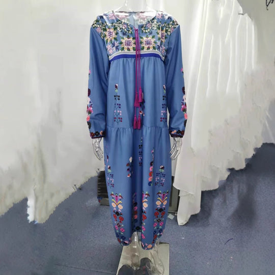 Damen nan besticktes Maxikleid mit langen Ärmeln, Quastenverschluss und folkloristischer Stickerei EB