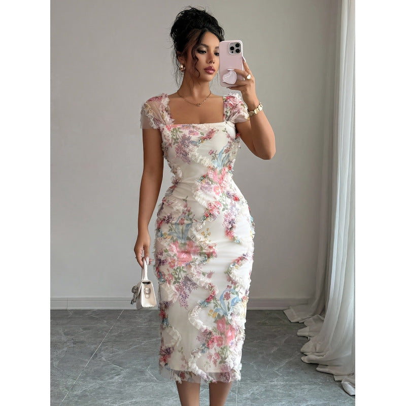 Damen Midikleid mit floralem Muster und zarter Rüschendetails EB