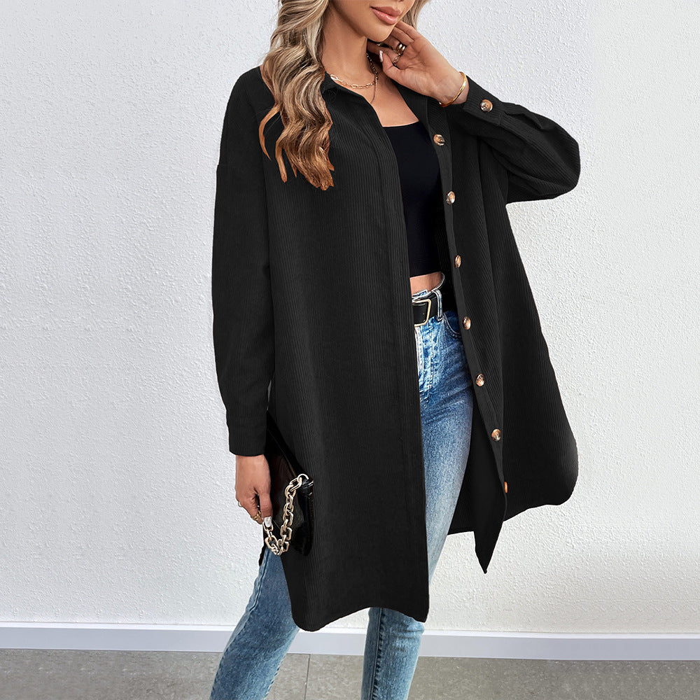 Damen lange Oversize-Cord-Hemdjacke mit durchgehender Knopfleiste und Hemdblusen-Kragen Eichborn Berlin