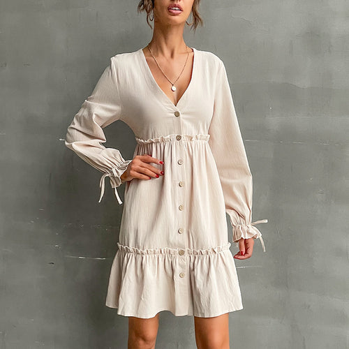 Damen lässiges Minikleid mit knöpfbarem V-Ausschnitt und voluminösen Ärmeln EB