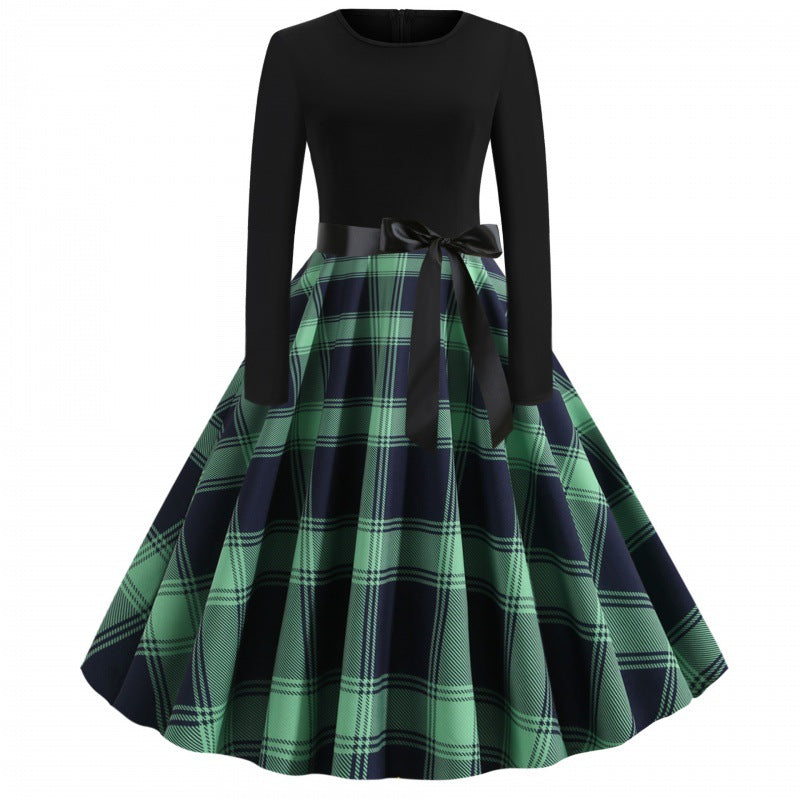 Damen Vintage Tellerrockkleid mit Karo-Tellerrock, figurbetontem Langarmoberteil und Satinschärpe EB
