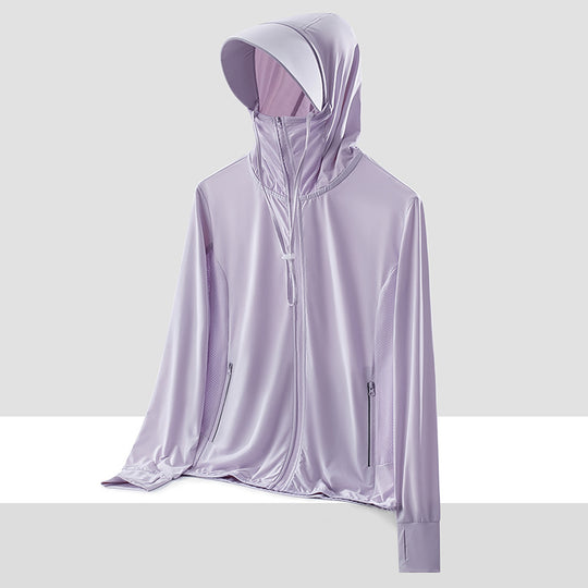 Damen nan leichte UV-Schutz Sonnenjacke mit Kapuze atmungsaktivem Funktionsstoff und Reißverschlusstaschen EB