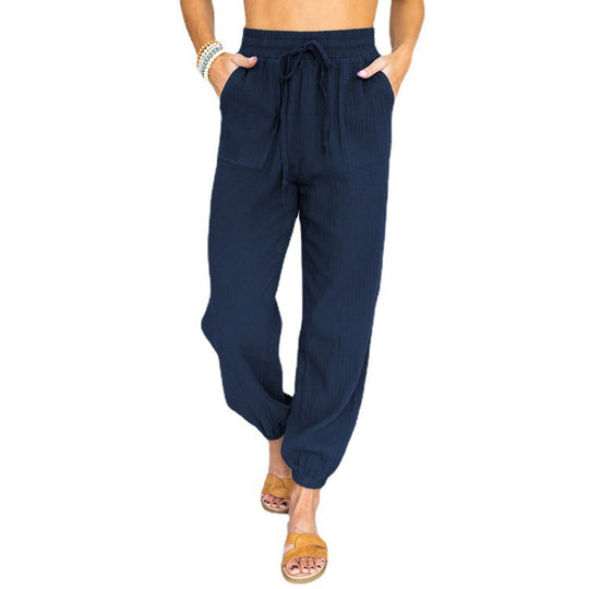 Damen nan leichte Leinenoptik Freizeit-Hose mit hohem elastischem Bund, Kordelzug, aufgesetzten Taschen und elastischen Knöchelbündchen EB