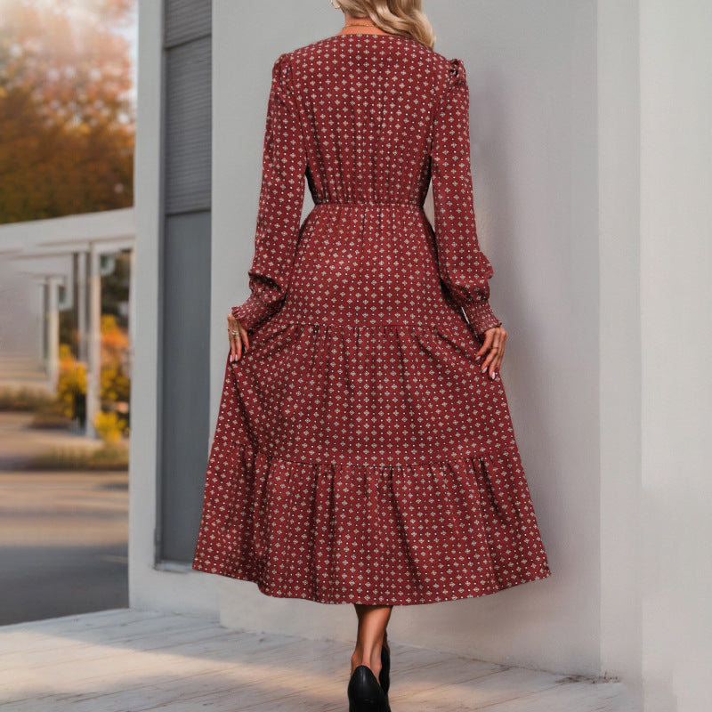 Damen Langarm-Wickelkleid mit floralen Details und Taillenbindung EB