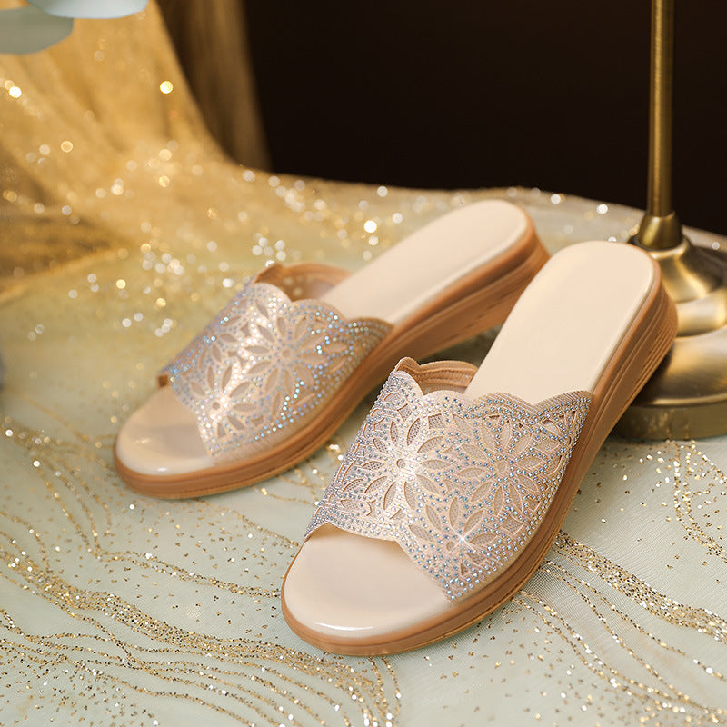 Damen Elegante Wedge-Sandaletten mit funkelndem Blütenmuster und komfortablem Fußbett EB