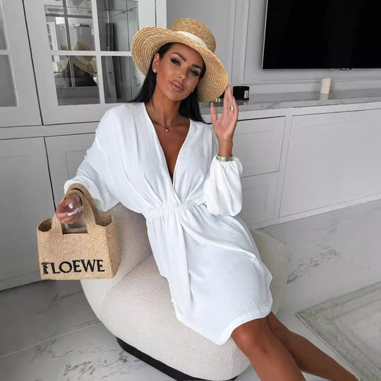 Damen Oversized Strandkleid mit tiefem V-Ausschnitt und schwingender Silhouette EB