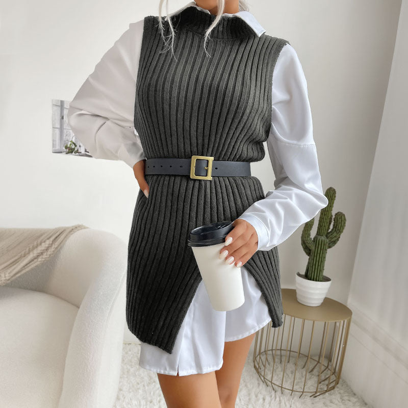 Damen Strickkleid mit Taillengürtel und seitlichen Schlitzen EB