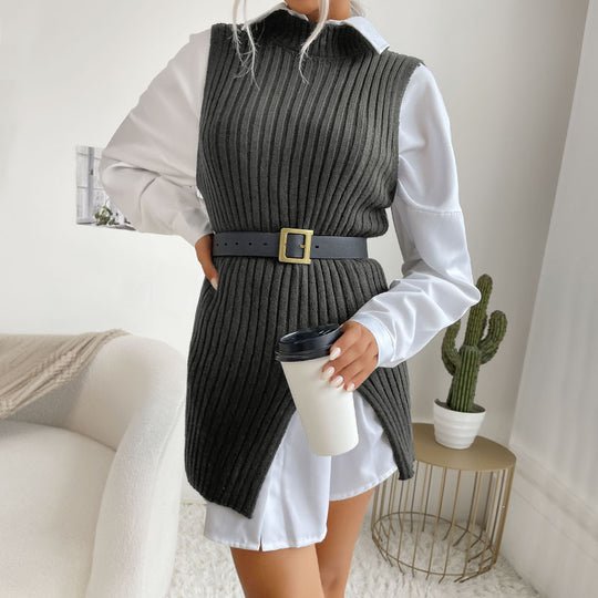 Damen Strickkleid mit Taillengürtel und seitlichen Schlitzen EB