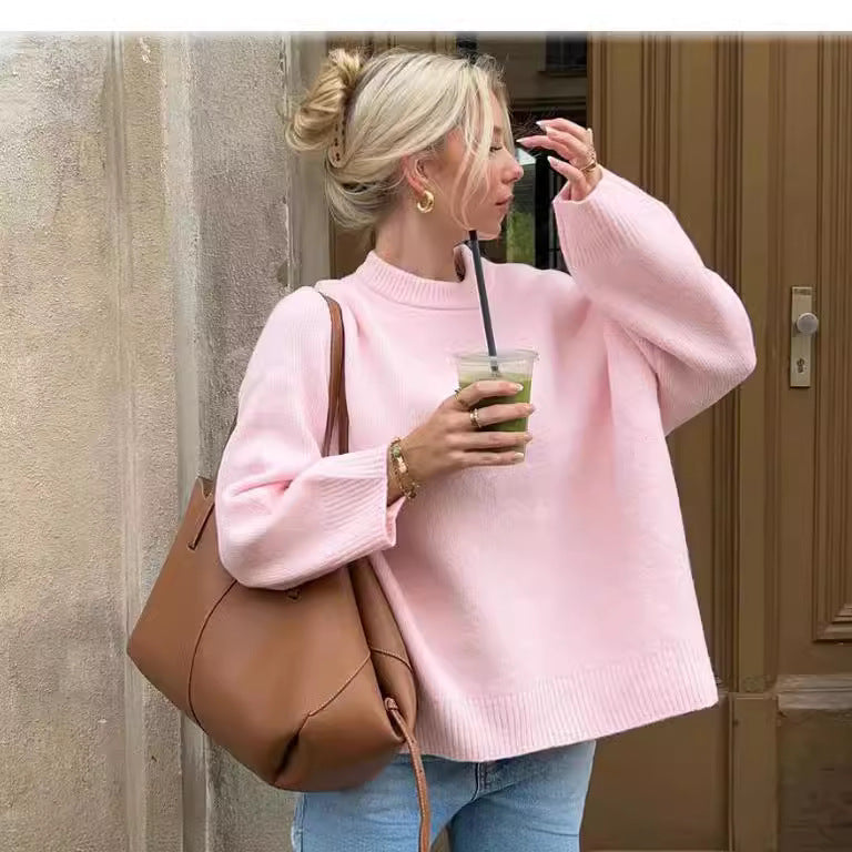 Damen grob gestrickter Pullover mit weiten Ärmeln und Rundhalsausschnitt EB