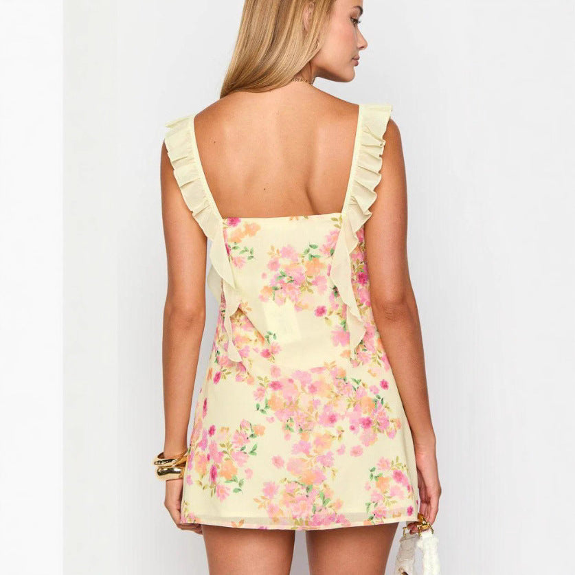 Damen nan kurzes Sommer-Minikleid mit Rüschen-Trägern, gerafftem Bustier und figurbetonter Silhouette EB
