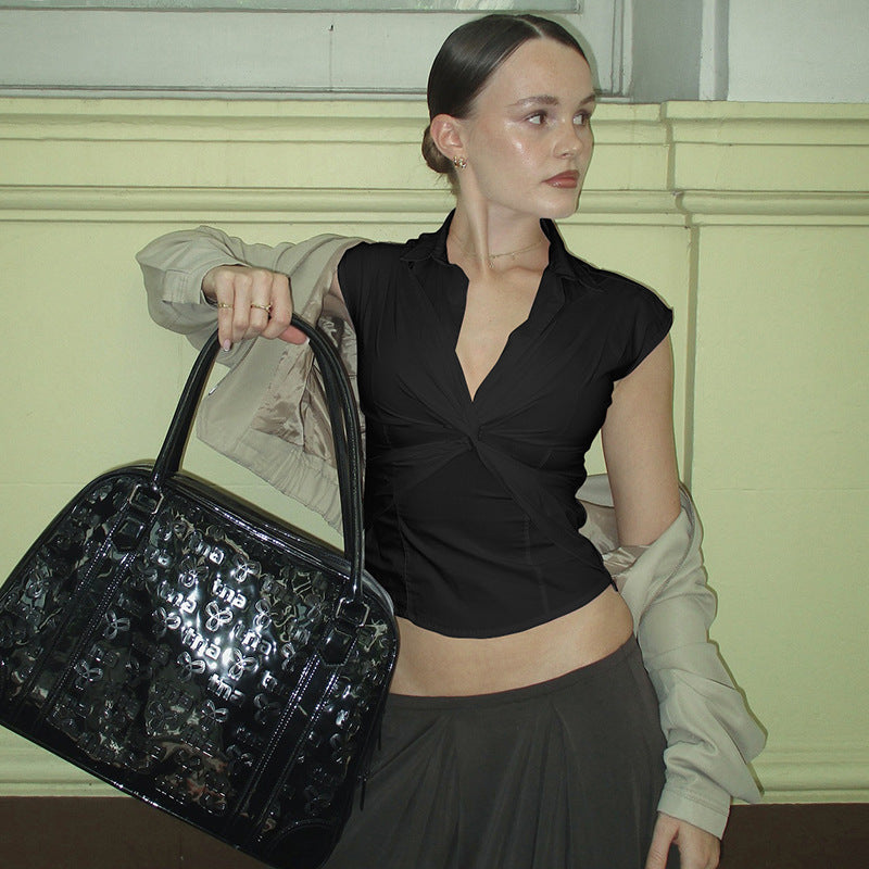 Damen elegante Kurzarmbluse mit knotenförmigem Design EB