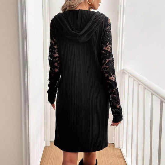 Damen Kapuzenkleid mit elegantem Spitzenärmel EB