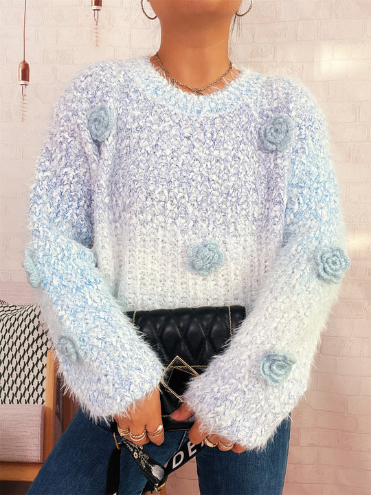 Damen gemütlicher, fluffiger Pullover mit verspielten Blumenapplikationen EB