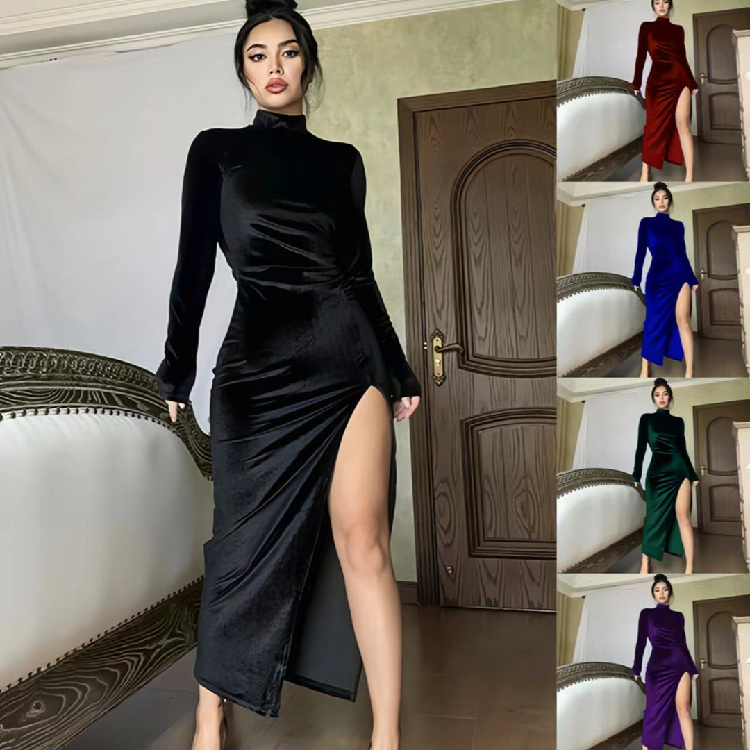 Damen Elegantes Langarm-Wickelkleid aus weichem Veloursstoff mit hohem Schlitz EB