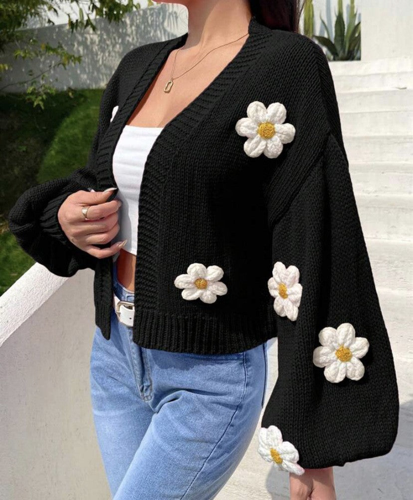 Damen Cropped-Cardigan aus Baumwollmix mit 3D-Blütenapplikationen EB