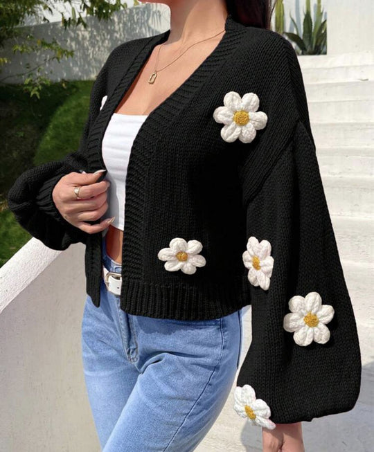 Damen Cropped-Cardigan aus Baumwollmix mit 3D-Blütenapplikationen EB