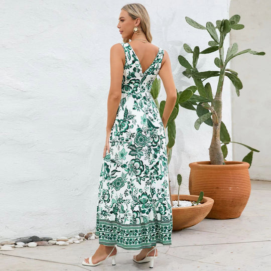 Damen Maxikleid mit floralem Design und tiefem V-Ausschnitt EB