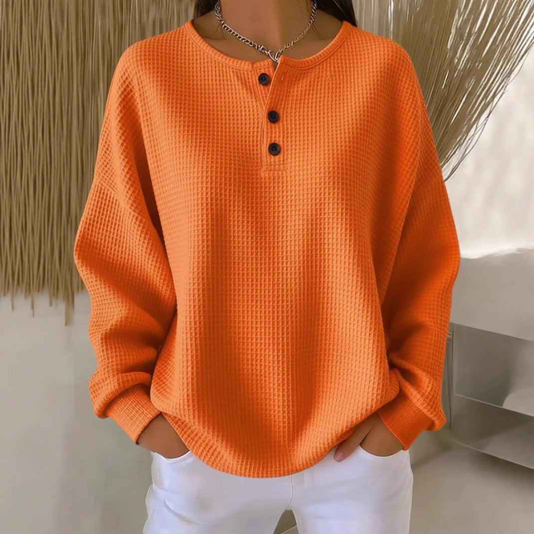 Damen nan Oversized Waffelstrick Henley-Pullover mit Knopfleiste und abgerundetem Saum EB
