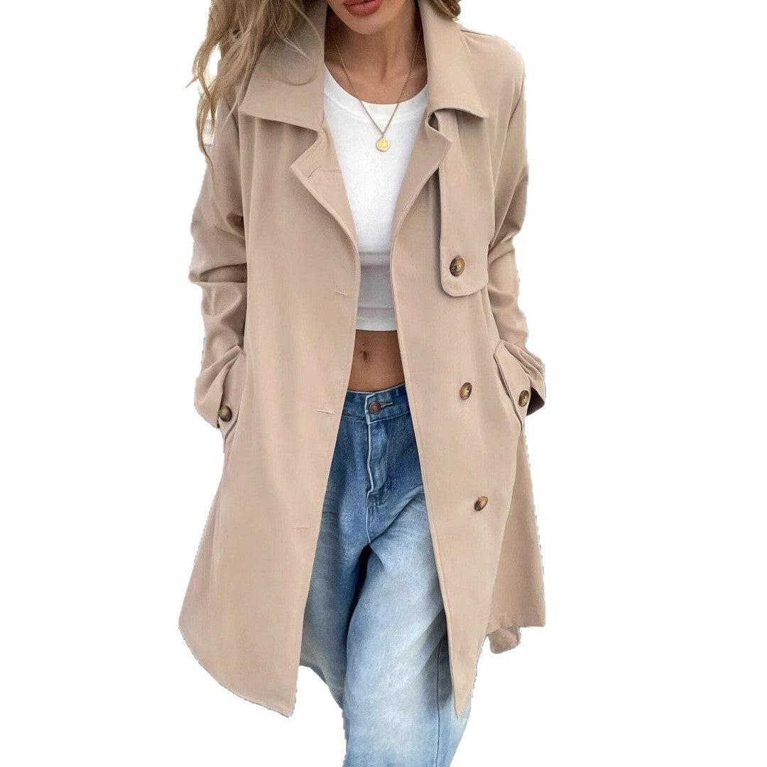 Damen eleganter Trenchcoat im minimalistischen Stil mit Gürtel und praktischen Taschen EB