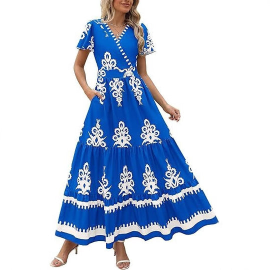 Damen Maxikleid mit V-Ausschnitt und kontrastierenden Stickdetails EB