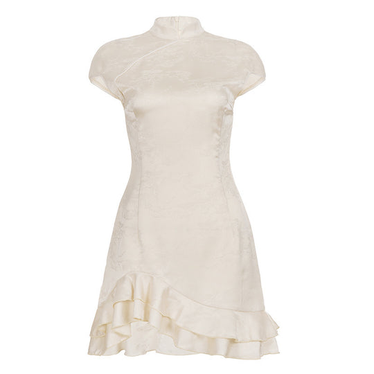 Damen elegant geschnittenes Chiffon-Kleid mit Rüschenkante EB