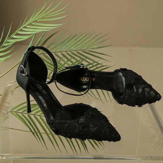 Damen elegante High Heels mit floralem Spitzendesign und verstellbarem Riemen EB