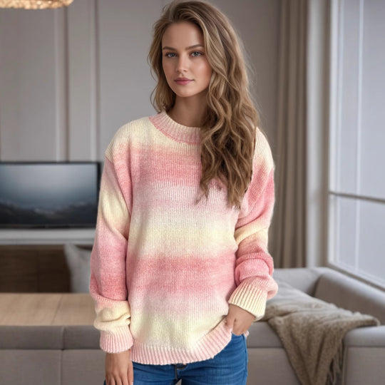 Damen lässiger Pullover mit sanften Farbverlauf und Rundhalsausschnitt EB