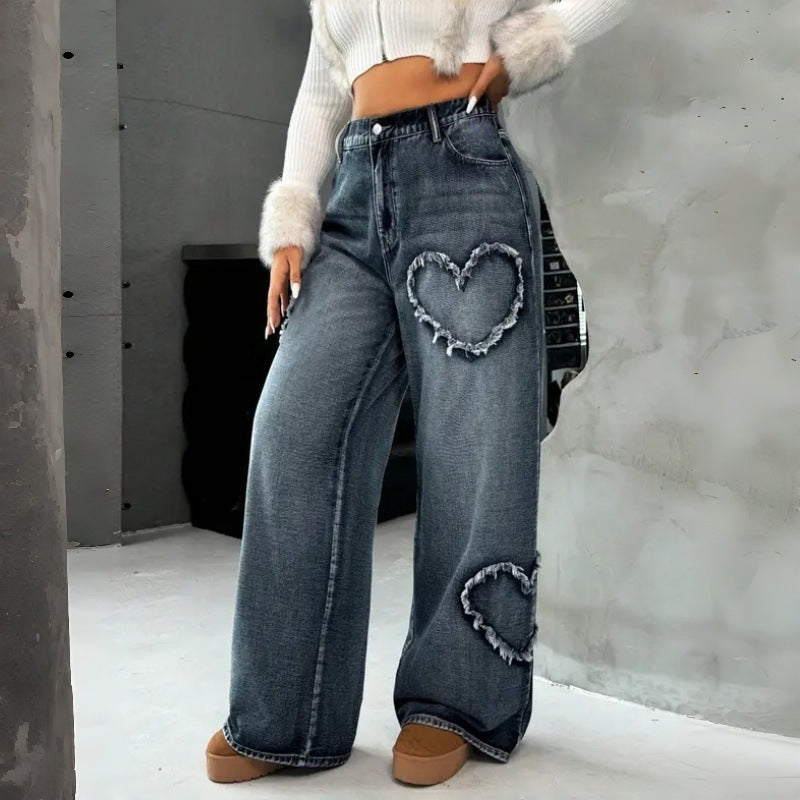 Damen Weite Jeans mit Herz-Stickerei und lässigem Schnitt EB