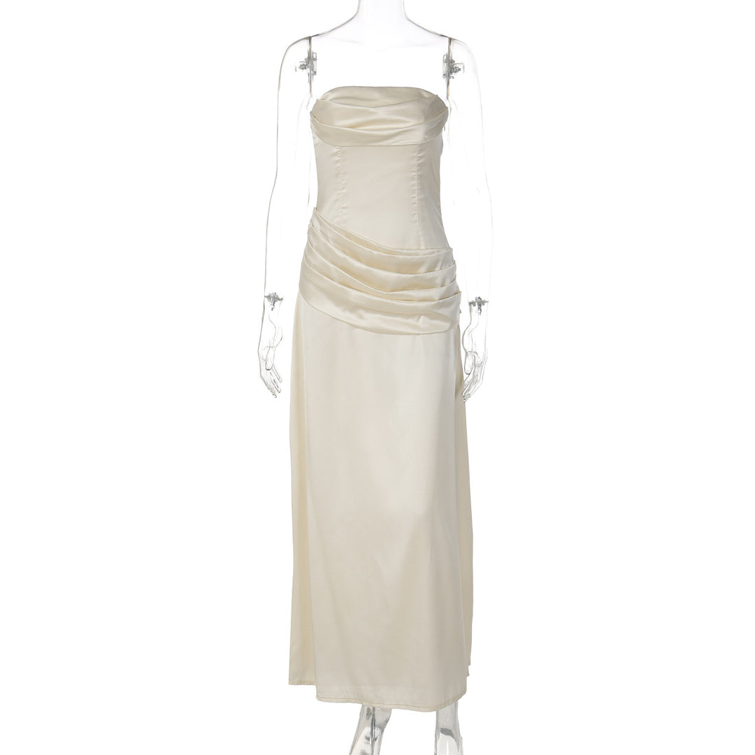 Damen elegantes Maxikleid mit raffiniertem Drapé und schulterfreiem Design EB