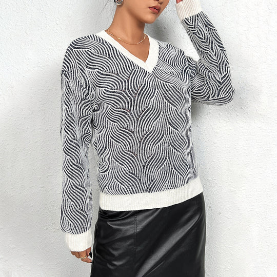 Damen Strickpullover mit Wellenmuster und V-Ausschnitt EB