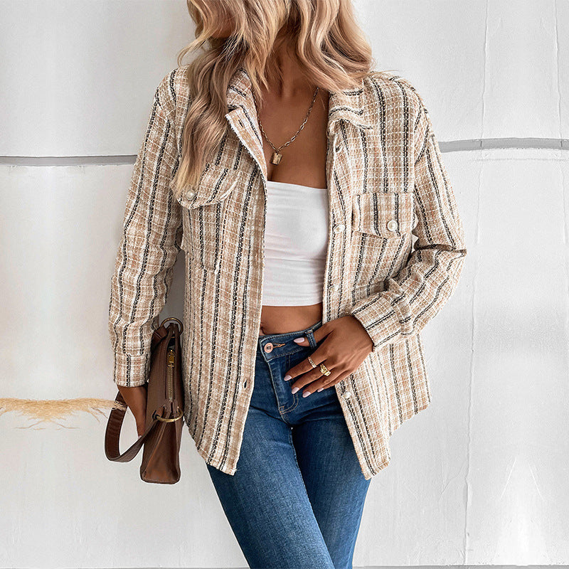 Damen gestreifte Utility-Jacke mit Brusttaschen und strukturierter Oberfläche EB