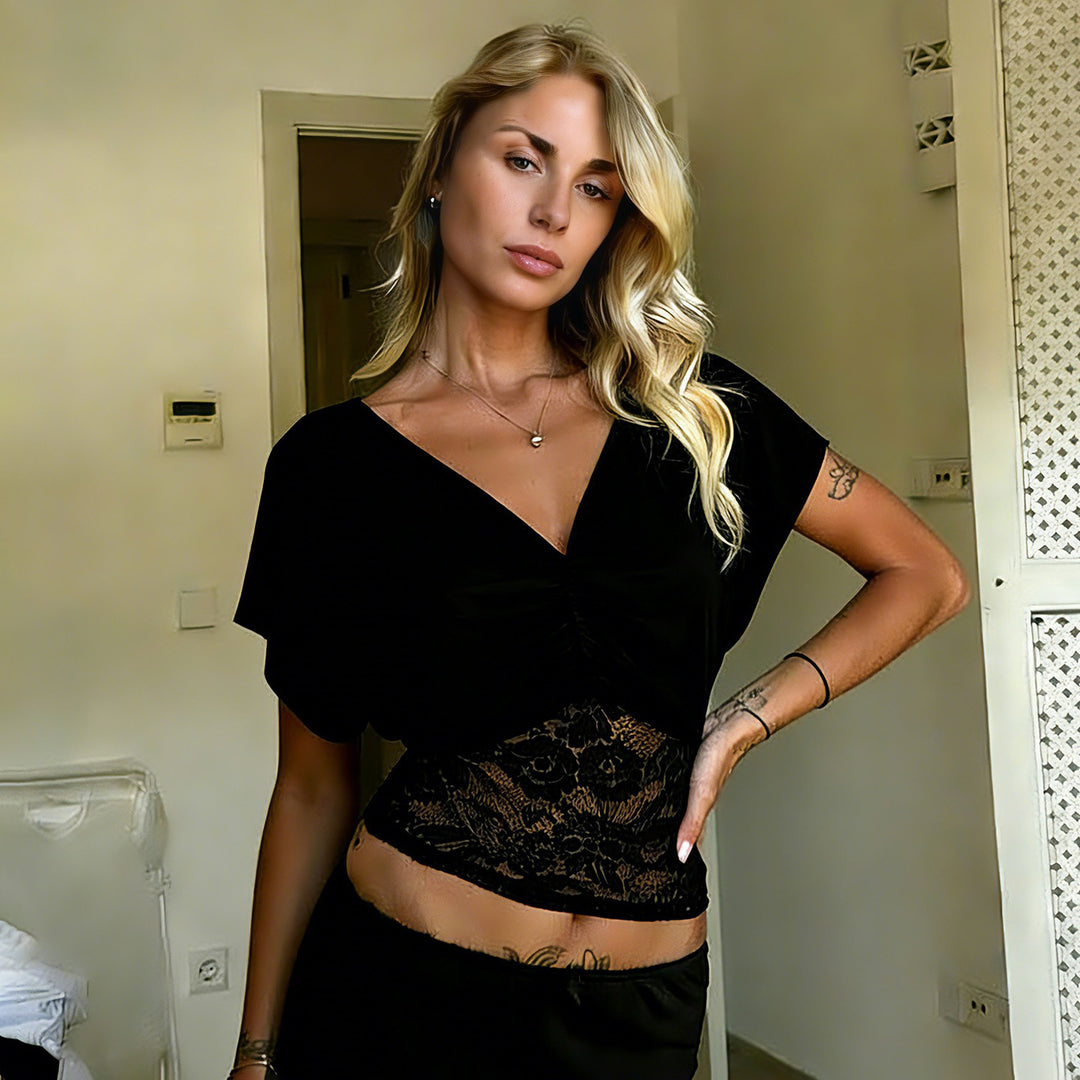 Damen elegantes Oberteil mit Spitze und Raffung EB
