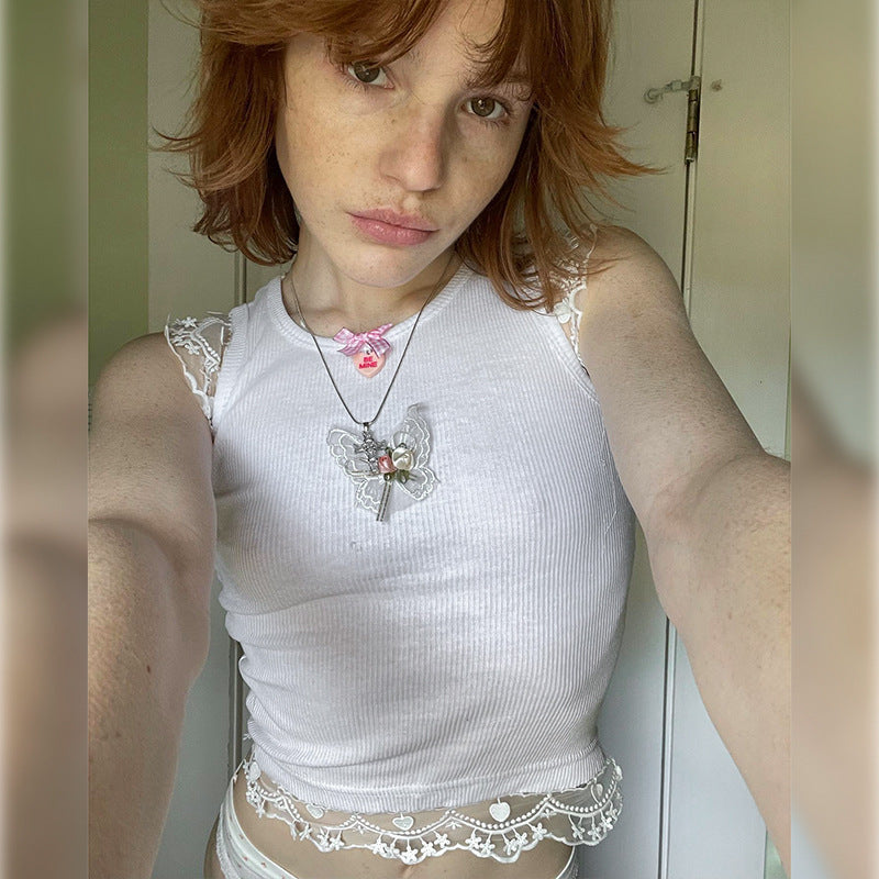 Damen zartes Crop-Top mit romantischer Spitzenkante EB