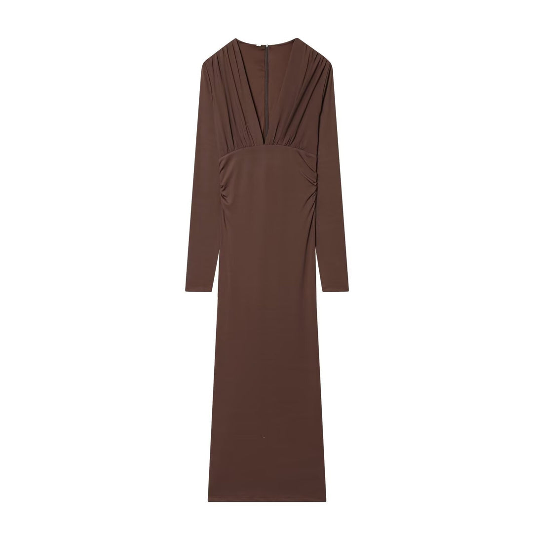 Damen Maxikleid mit tiefem V-Ausschnitt und drapierten Details EB