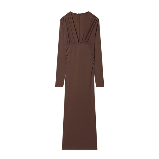 Damen Maxikleid mit tiefem V-Ausschnitt und drapierten Details EB