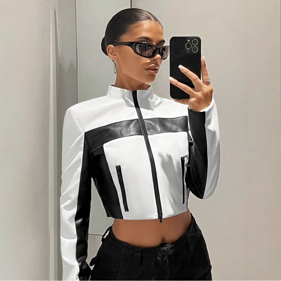 Damen Sportliche cropped Jacke aus Kunstleder mit Kontrastdetails EB