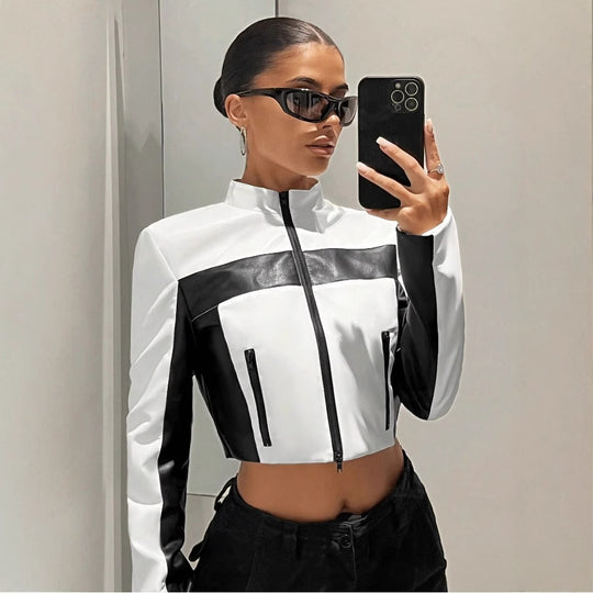 Damen Sportliche cropped Jacke aus Kunstleder mit Kontrastdetails EB