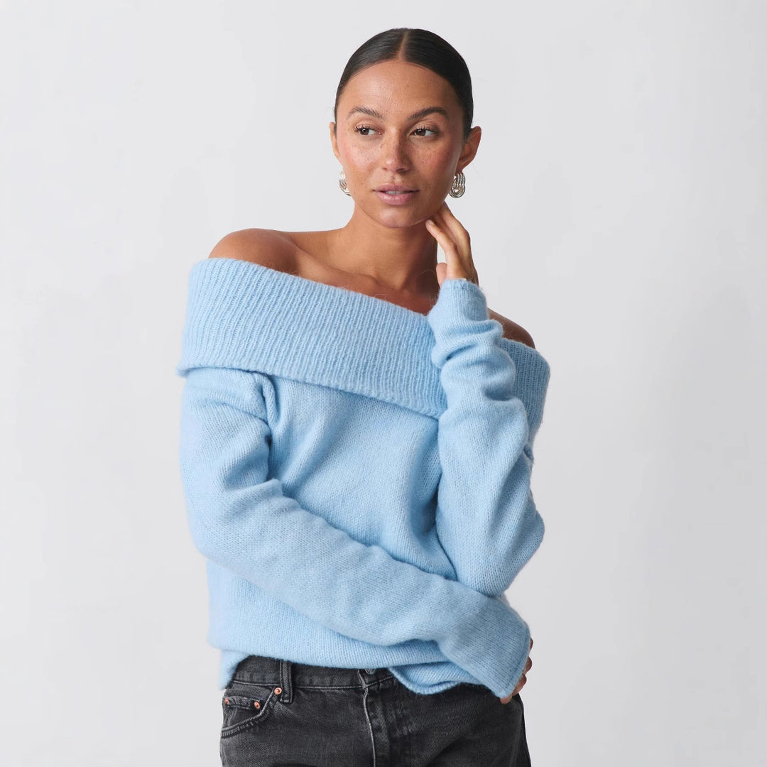 Damen nan Off-Shoulder Grobstrickpullover mit breitem Umschlagkragen und lässiger Oversize-Passform EB