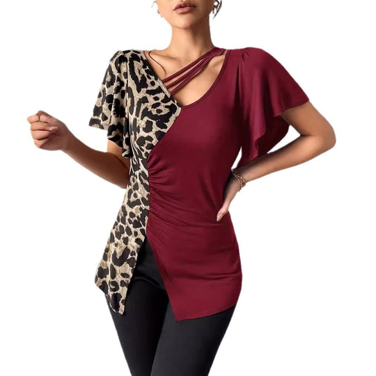 Damen nan asymmetrische Stretch-Tunika mit Leopardenprint-Seiteneinsatz und Mehrfachträgern EB