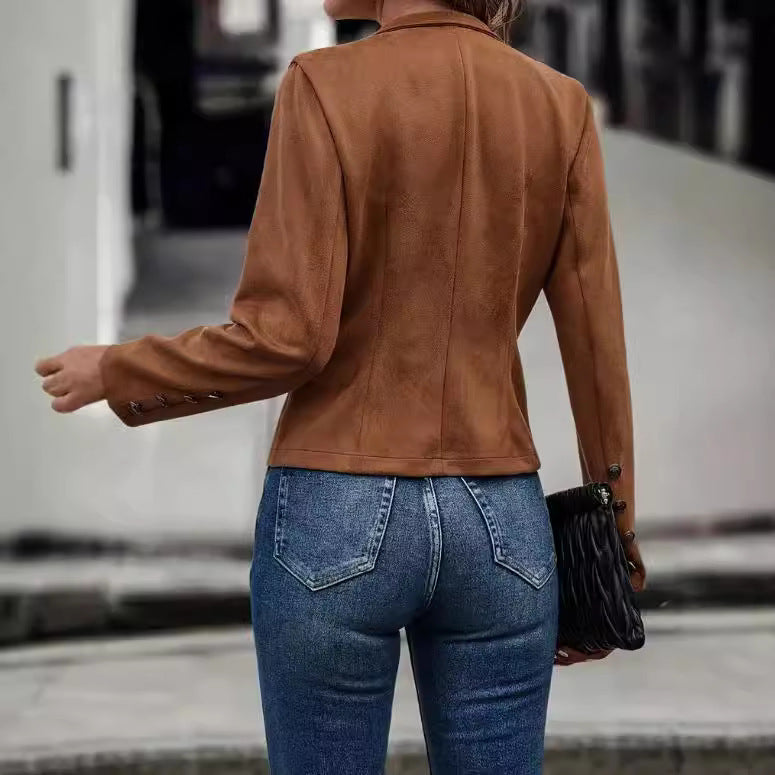 Damen modische Suedejacke mit steigendem Kragen und Knöpfen EB
