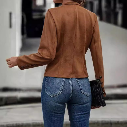 Damen modische Suedejacke mit steigendem Kragen und Knöpfen EB