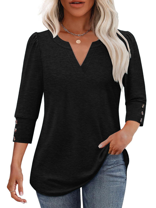 Damen V-Ausschnitt Bluse mit dekorativen Knopfdetails EB