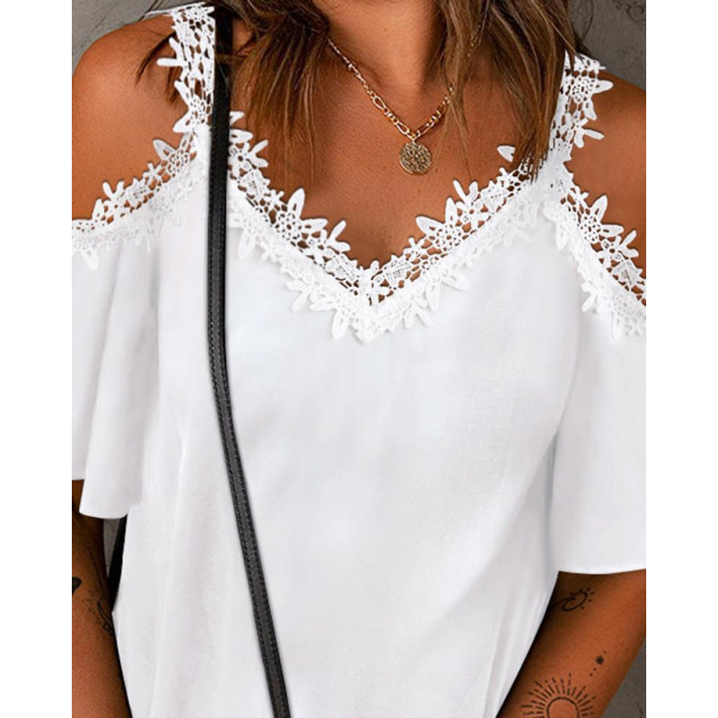 Damen Cold-Shoulder Spitzenbesatz Oberteil EB